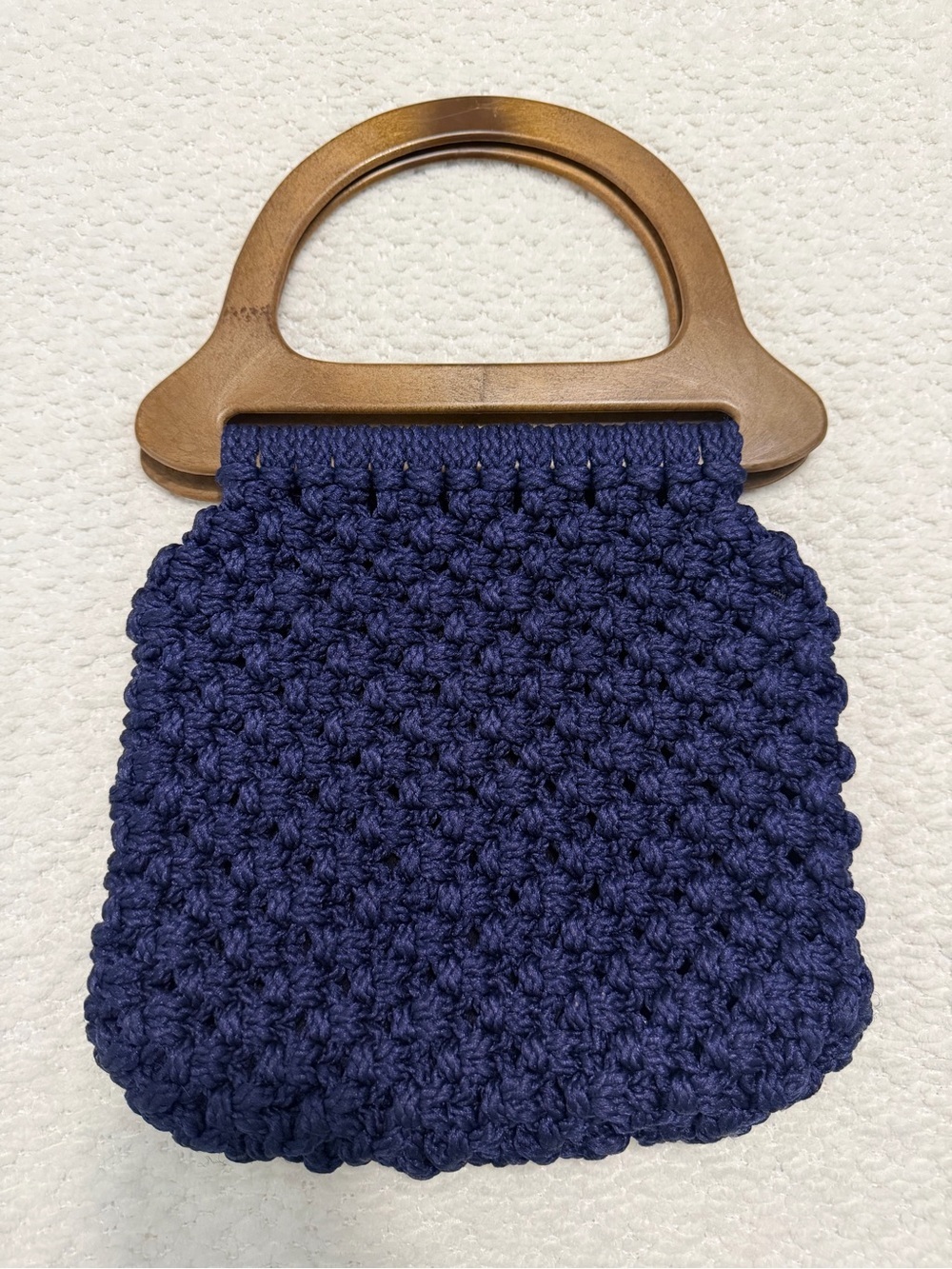 Vintage Handmade Macrame Handbag Brown Wood Handles Blue Purse - Picture 6 of 10